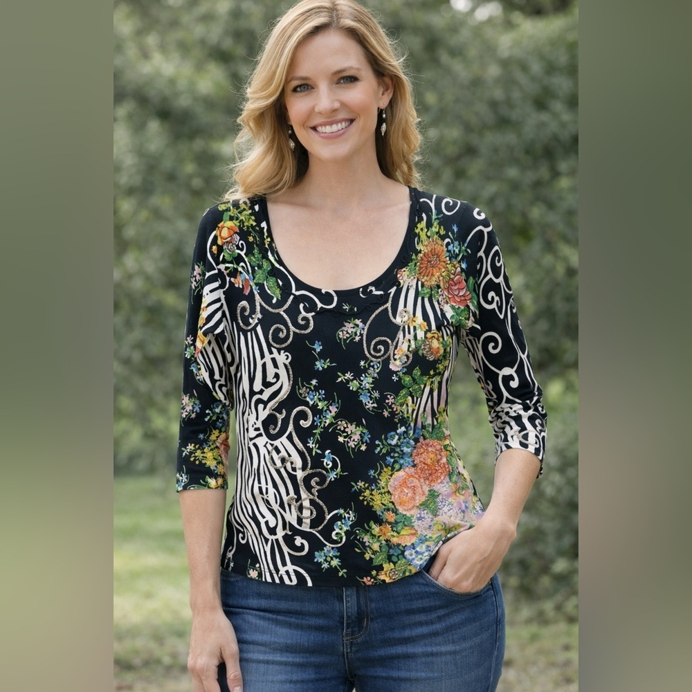 Alberto Makali Sweater Knit Top Beaded 3/4 Sleeves Medium
